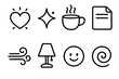 © Fortune228 - Cozy Icon Set. Warm Wishes set in outline vector style: glowing heart, soft spark, warm cup, handwritten note, gentle breeze, cozy light, tender smile icon, gratitude swirl