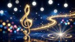 © joeycheung - Golden treble clef sparkles amidst starry night, glowing notes dance in cosmic wonder.