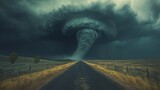 A powerful and massive tornado ominously looms over an empty road in a rural landscape under a dark, stormy sky, symbolizing nature's destructive force