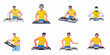 © Muqodimatul - Set of eight cartoon illustrations featuring young male DJs wearing headphones and mixing electronic music on professional decks.