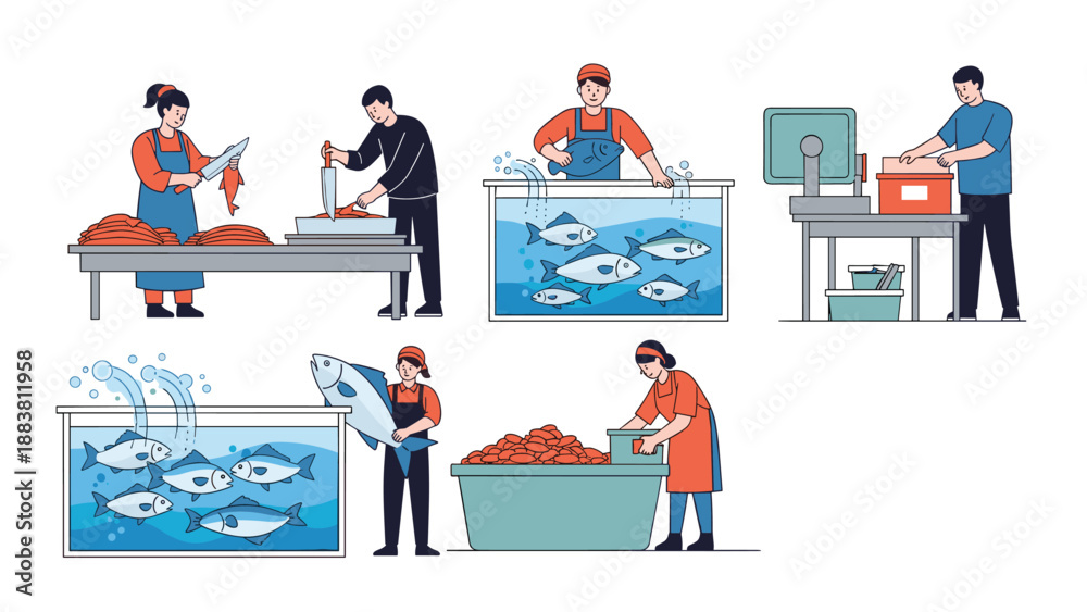 Workers in a seafood factory processing fish on a production line ...