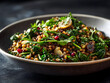 © pjjaruwan - Lentil and kale grain bowl with greens, roasted mushrooms, pomegranate seeds and lemon slices, warm plant forward healthy salad with vibrant