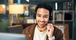 © CineHero25/peopleimages.com - Night, headset or man with computer for customer service, help desk contact or troubleshooting advice. Speaking, late tech support or happy virtual assistant with instructions, hotline or solution
