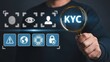 © AR Creations - A person holding a magnifying glass over 'KYC' with various security and identity verification icons displayed digitally.