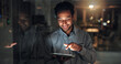 © SparkPix/peopleimages.com - Tablet, happy and businessman in office at night with finance report for budget planning deadline. Digital technology, overtime and financial manager with feedback on investment deal in workplace.