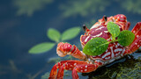 Colorful Crab Climbing on Water Plants
