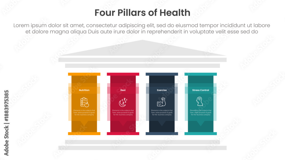 4 pillars of health infographic template banner with big pillar with text description for slide presentation vector