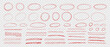 © A_Y_N - Hand drawn red pen collection showing round circle underline marks with doodle lines and strokes. Bundle of highlight text and scribble oval line. Vector set kit on like transparent png bg.