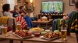 © kiatipol - Exciting american football watch party at home cozy living room food and drinks spread vibrant atmosphere group gathering
