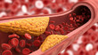 © Egys - A detailed 3D rendering of a human artery showing plaque buildup and red blood cells, illustrating atherosclerosis and arterial blockage.