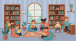 © Afia - Vector of children learning to read in the library, bookshelves, calm and comfortable atmosphere