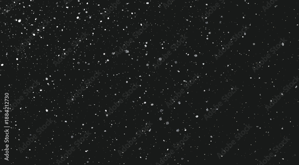 Abstract black background with floating white dust particles and tiny ...