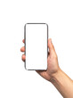 © Md - A hand holding a blank white smartphone with a silver frame against a black background