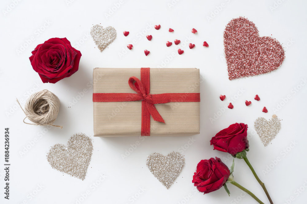 Valentine-themed gift wrapping flat lay with red ribbon, kraft paper, roses, and glitter hearts, minimal white background, artistic composition for greeting cards and e-commerce visuals
