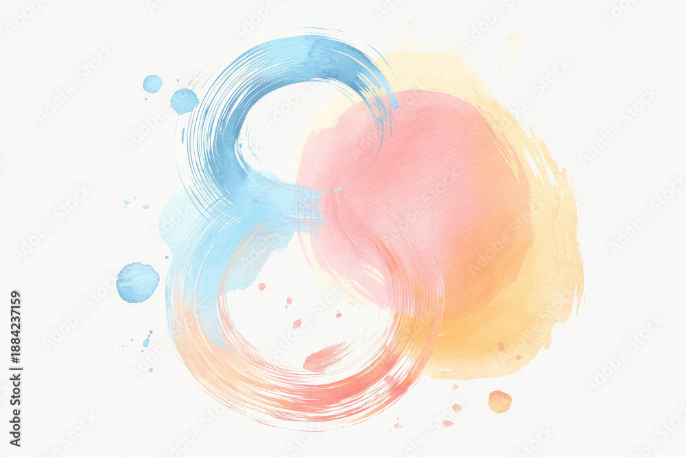 Watercolor abstract brush strokes creating circular number 8 shape, soft splashes, pastel gradients, minimal yet artistic style ideal for Women's Day graphics