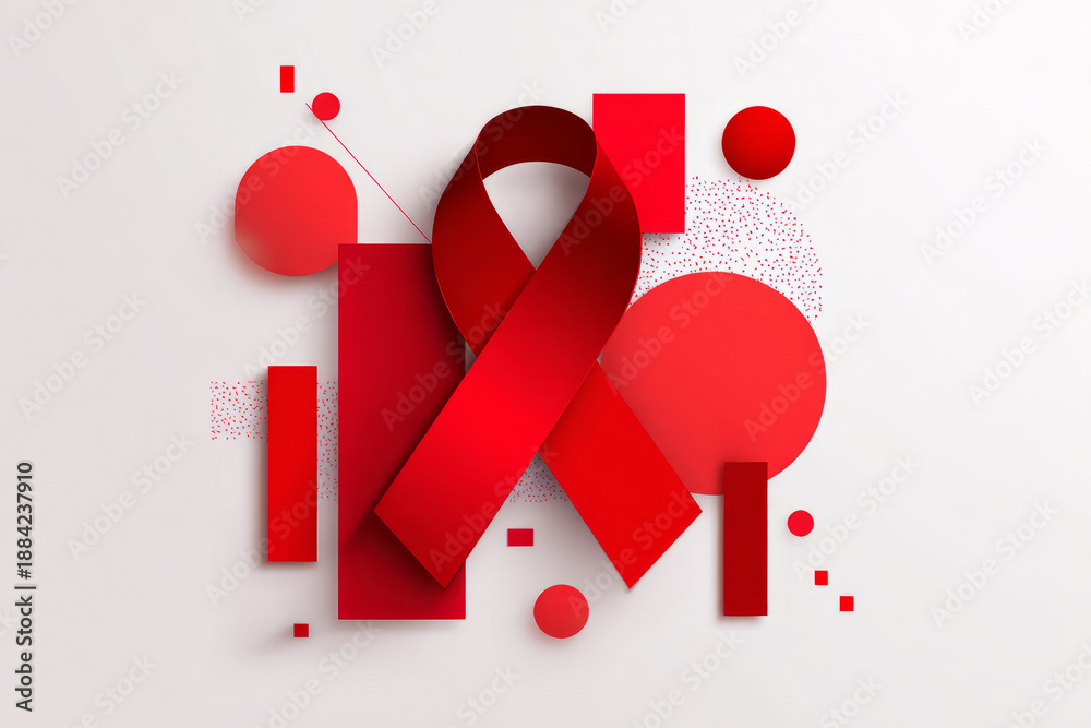 World AIDS Day poster-style composition with bold red ribbon and geometric shapes, modern clean design for global awareness campaigns