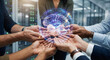 © Illustratorstock - Diverse hands holding a glowing digital brain hologram, symbolizing AI, teamwork, and collective intelligence in a modern tech environment.