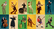 © master1305 - 10 musicians playing different instruments in studio collage with colorful backgrounds. Concept of music diversity, live performance, creative professions, band members, and entertainment industry.