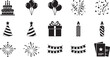 © topceptart - Bold style party vector icon set featuring birthday cake, balloons, confetti, party hat, gift box, candle, fireworks and bunting decorations.eps