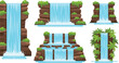 © REYAD - Cartoon waterfall vector set with rocky cliffs, moss and lush greenery for nature landscape design