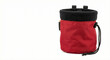 © Gustavo - Standing rock climbing chalk bag made of durable red nylon with a black fleece rim, drawstring closed, isolated on white background. Sharp focus on fabric weave and clean condition.