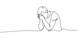 © Tania - Man in depression, stressed, headache and despair continuous one line drawing. Single line art illustration of confusing and stressed person. Editable vector, Continuous line drawings of a young man.