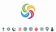 © renender - A colorful swirl design above a row of diverse religious and social symbols, representing unity, diversity, and interfaith harmony.