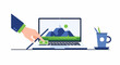 © CitraW - Hand pressing green button on laptop with mountain landscape on screen, office desk with supplies, digital technology concept
