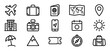 © eclipse - Collection of minimalist travel and tourism icons in a simple black outline style showing a plane, passport, luggage, map, camera, hotel, and other holiday symbols