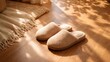 © justjupiter - Cozy slippers on wooden floor with sunlight reflections.