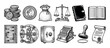 © Mister - Vintage banking and finance icon set illustration with coins, money bag, scales, ledger, abacus, safe, and cash register in a classic black and white engraving sketch style
