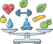 © Aln - Achieving balance in life through healthy habits and wellness practices is depicted in this illustration of a person meditating on a scale surrounded by fitness and nutrition elements