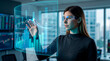 © Rendara Studio - Financial data analyst adjusting charts on transparent digital screen inside office