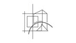 © Dimas - A minimalist line drawing depicting abstract geometric shapes, including a house outline, a square, intersecting lines, and a curved arc, suggesting architectural design or a blueprint.