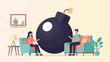 © nadira - Two people sit on sofas facing a large, lit bomb in a room