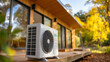 © Kateryna Arkhypova - Medium shot of modern heat pump unit installed outside newly built home, sustainable energy use showcase, efficient heating cooling, eco-friendly technology, with copy space