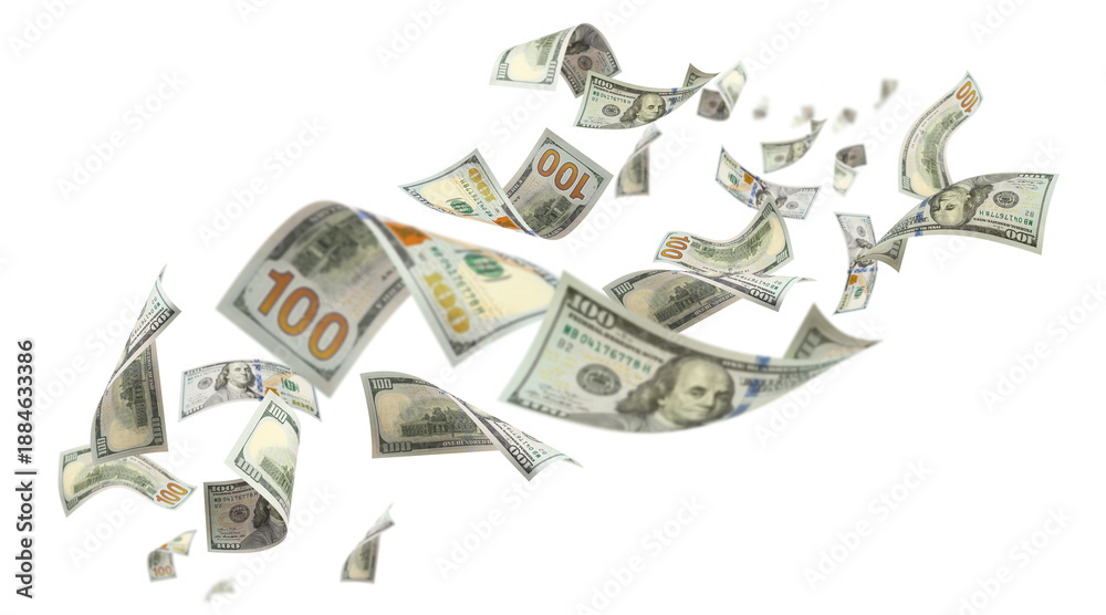 Flying hundred dollar banknotes, isolated on transparent cutout background