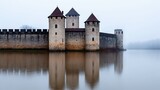 Medieval European Castle Surrounded by Rising Floodwaters
