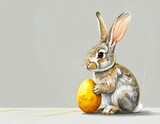 Elegancki królik o długich uszach, narysowany jedną złotą linią, trzymający w łapkach prawdziwe, jaskrawożółte pisankowe jajo