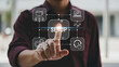 © VectStocker - A person touches 'SETUP' on a digital interface with icons for folders, laptop, refresh symbol, and gears, representing the process of configuring and preparing a system or project.