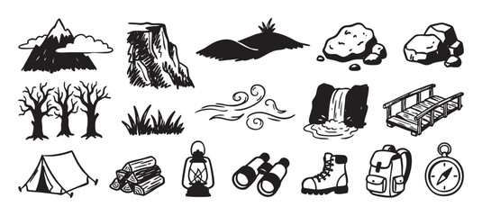 Naklejka na meble Collection of hand-drawn black camping icons for outdoor adventure and travel, including a mountain, tent, backpack, compass, and hiking boot in a simple sketch style