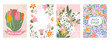 © Iryna - Spring card collection with cute flowers and bouquets. Hand drawn posters in pastel colors. Perfect for seasonal greetings, holiday invites and floral nursery decor. Vector illustration