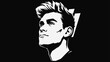 © abi - Monochromatic graphic illustration of a stylish young man with modern hair, looking up with an optimistic expression, minimalist black and white design.