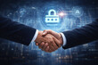 © NongEngEng - AI generated business handshake with digital padlock hologram representing cyber security data protection business trust partnership and secure digital transformation