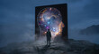 © Artiroz - Awe-Inspiring Vision Lone Figure Gazes at a Cosmic Portal Revealing the Universe Within a Human Mind Silhouette, Symbolizing Deep Introspection and Infinite Knowledge