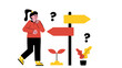 © SyahCreation - A woman thinking at a crossroads with signposts pointing in opposite directions