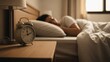 © Farhan - Sleeping Woman in Bed with Retro Alarm Clock on Nightstand Representing Rest and Morning Routine