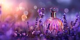 Elegant perfume bottle nestled amongst fragrant lavender flowers with soft bokeh lighting.