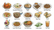 © Ube - Colorful cartoon grid of sixteen iconic Singapore street food dishes like chili crab, laksa, satay, kaya toast, ice kachang, and more arranged neatly in four rows inviting culinary exploration