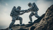 © Chainarong - Two astronauts assist and help each other on rugged terrain in white spacesuits with varied textures on a planetary surface.